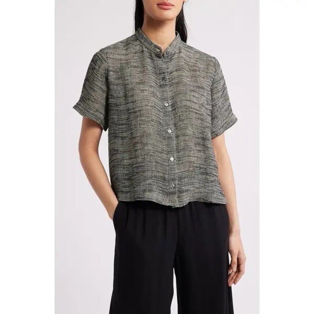 Eileen Fisher Sz XS Organic Linen Gauze Strata Mandarin Collar Button Shirt $158
